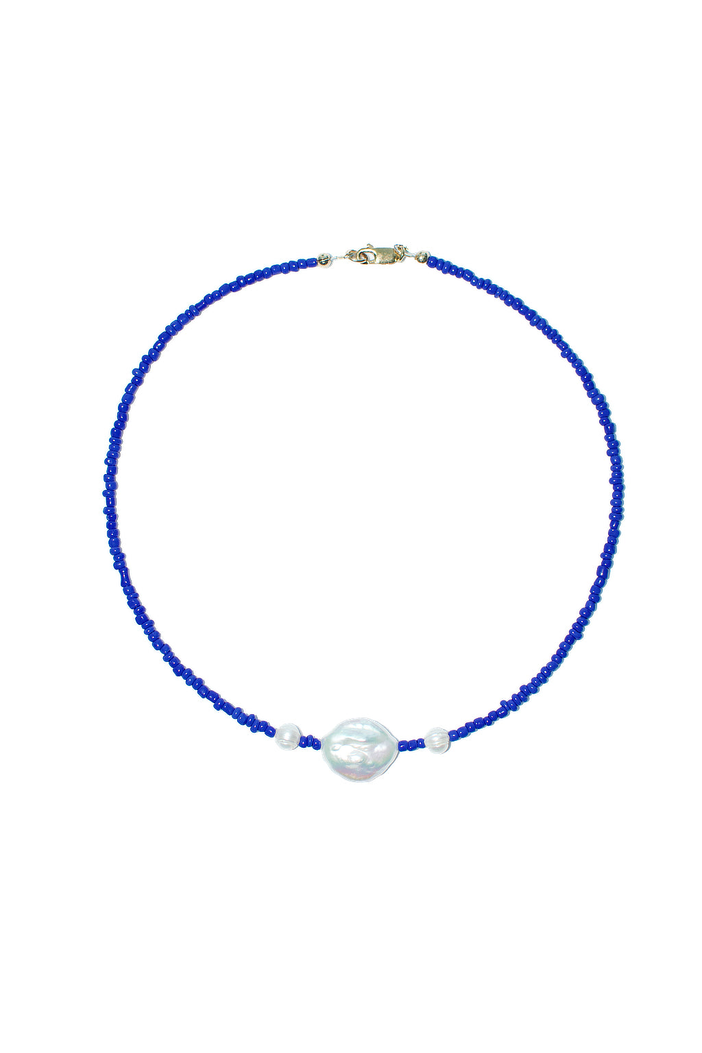 Blue Japanese glass beads surround freshwater pearls, an ode to the sea.