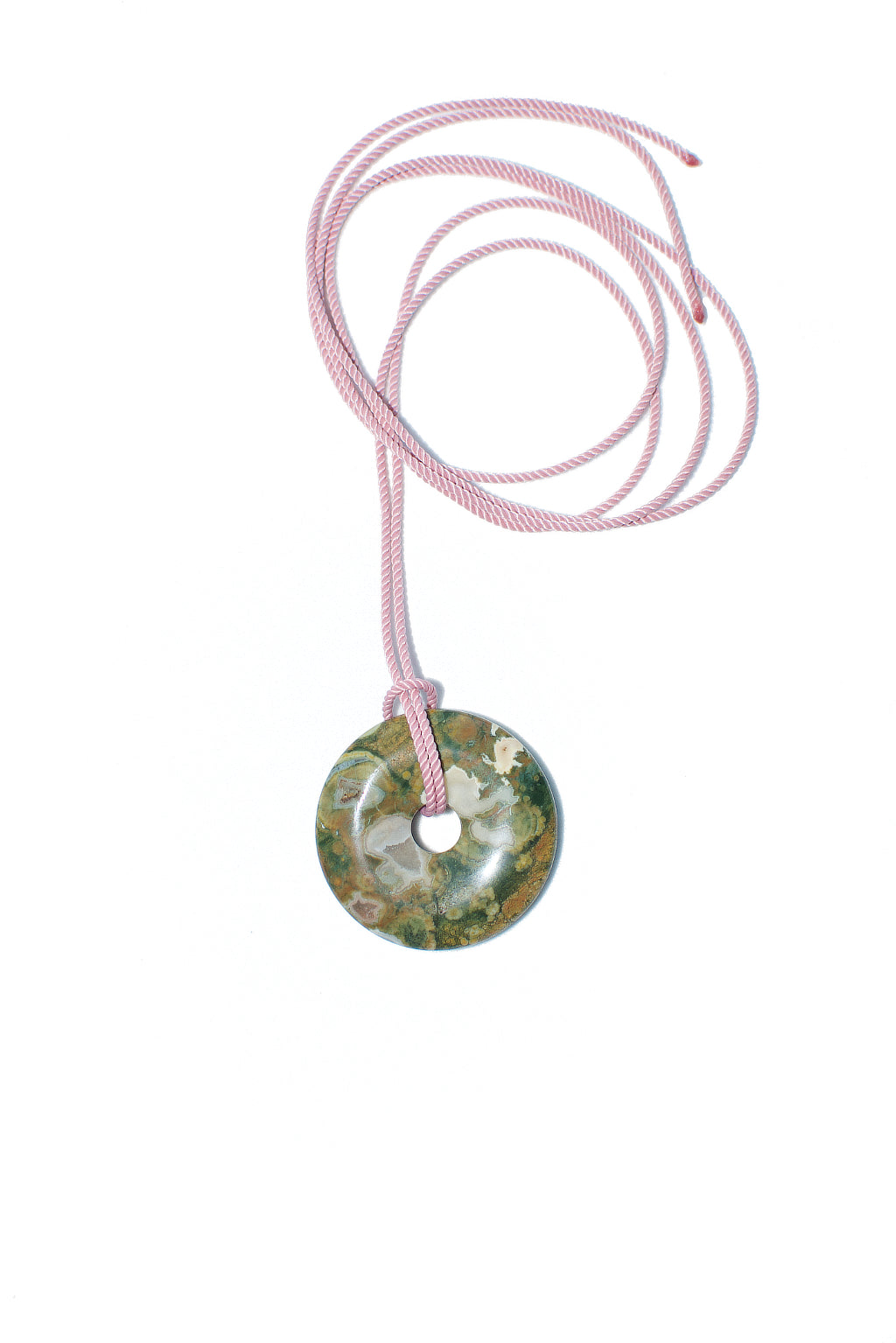 Rhyolite gemstone on rose satin cord.