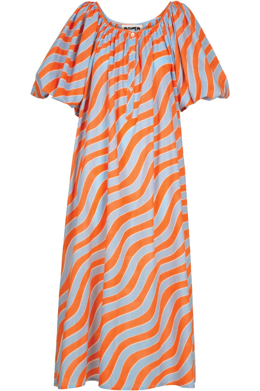 The Bakar Blue and Orange Waves balloon dress is crafted from hand printed 100% cotton. The dress features a waist tie, blousy puff sleeves and front mother of pearl button detail.  One size fits all.  Designed in Spain, hand made in India.