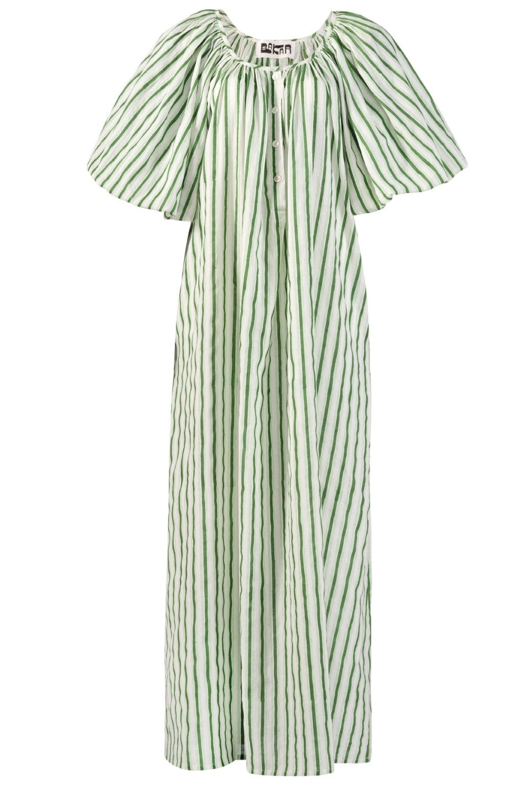 The Bakar Green Stripes balloon dress is crafted from hand printed 100% cotton. The dress features a waist tie, blousy puff sleeves and front mother of pearl button detail.  One size fits all.  Designed in Spain, hand made in India.